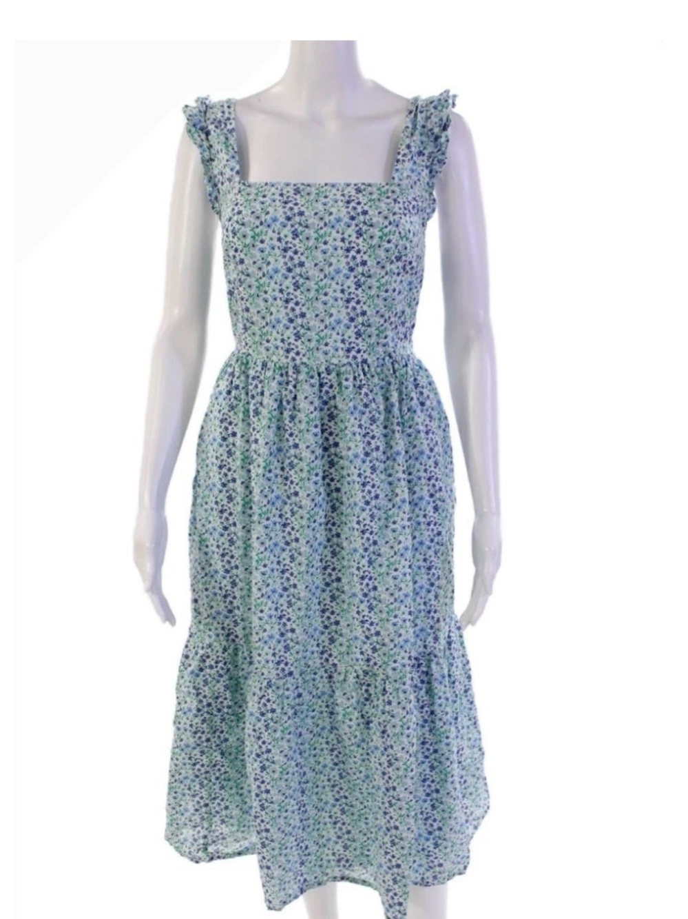 J Crew Blue Floral Square-Neck Tiered Midi Dress